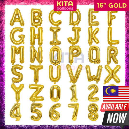 [16 Inch] - Gold Alphabet Balloon & Number Ballon ABC Letters Belon Huruf A -Z Nombor Birthday