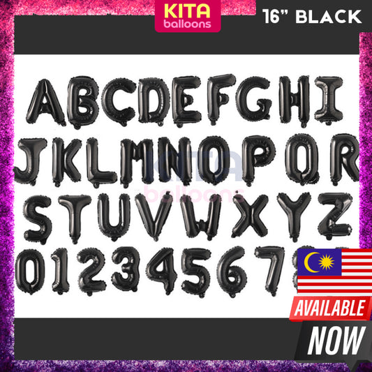 [16 Inch] - Black Alphabet Balloon & Number Ballon ABC Letters Belon Huruf A-Z 0-9 Birthday Hitam